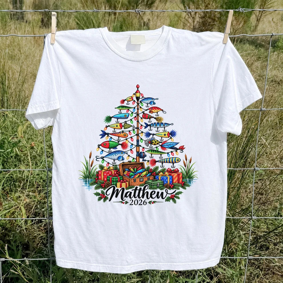 Personalized Christmas Fishing Lure Tree Name Graphic T-Shirt