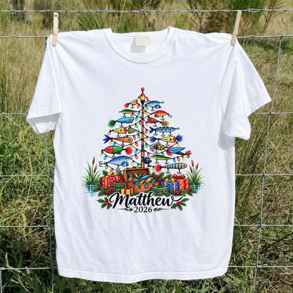 Personalized Christmas Fishing Lure Tree Name Graphic T-Shirt