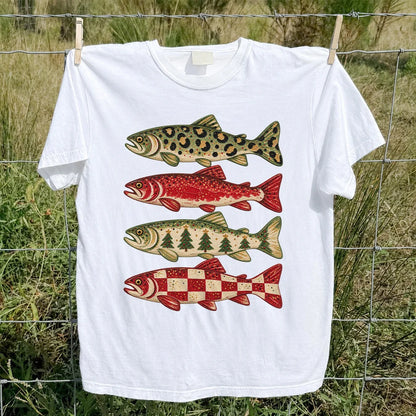 Four Seasonal Trout Patterns Christmas Fishing Graphic T-Shirt