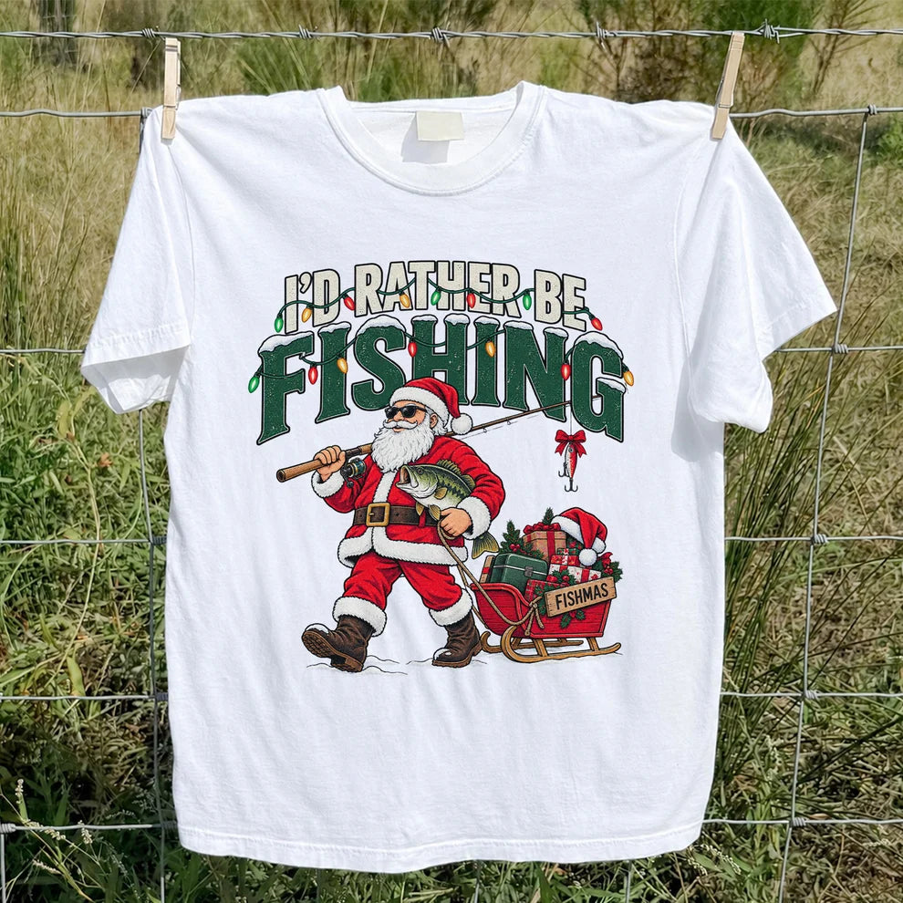 Santa Fishing with Bass Christmas Graphic T-Shirt