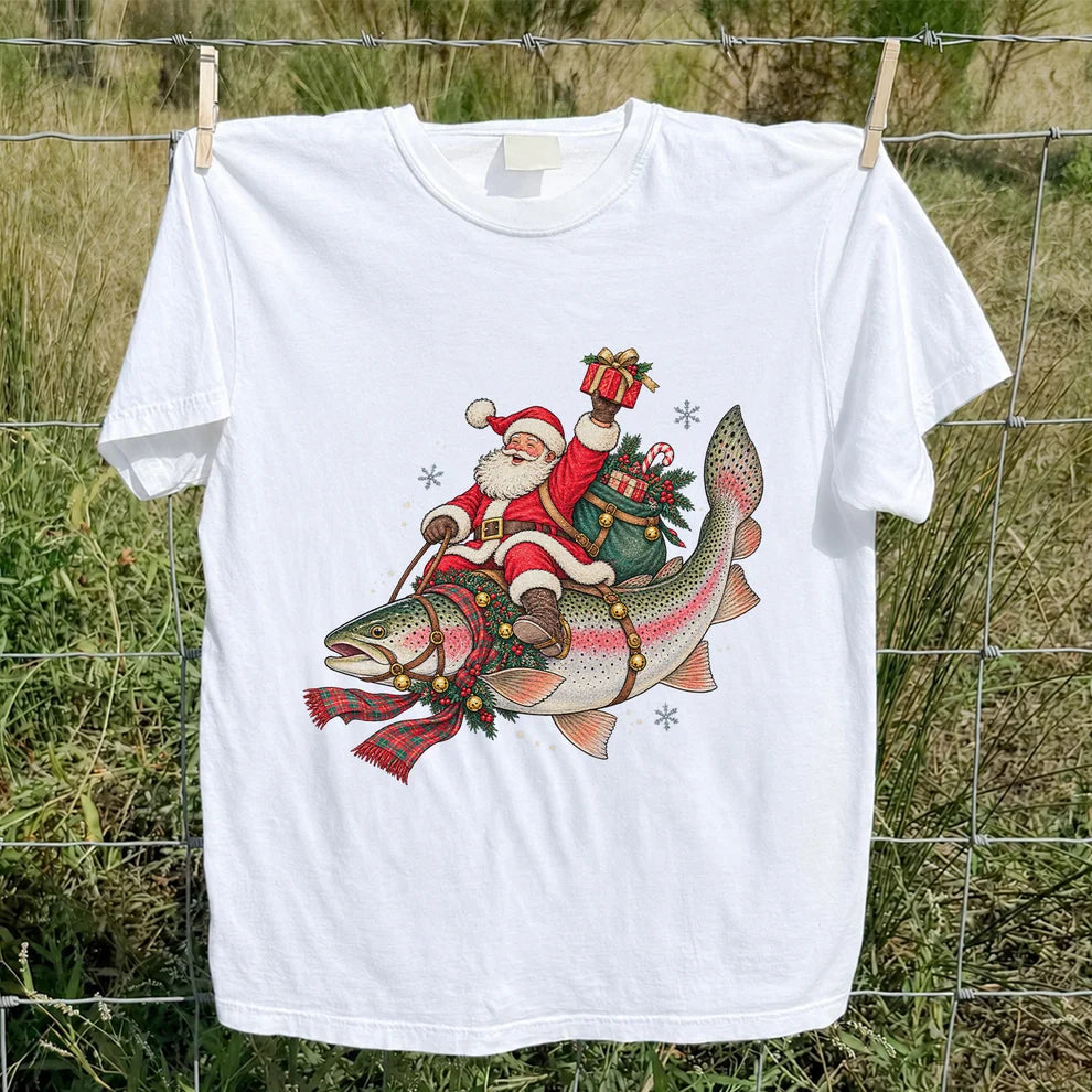 Santa Riding a Festive Rainbow Trout Christmas Fishing Graphic T-Shirt
