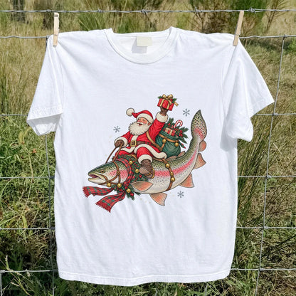 Santa Riding a Festive Rainbow Trout Christmas Fishing Graphic T-Shirt