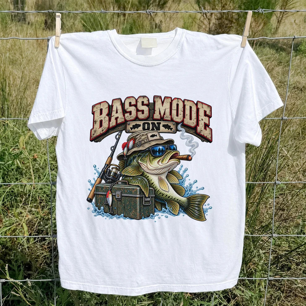 Bass Mode On Funny Bass with Cigar Fishing Graphic T-Shirt