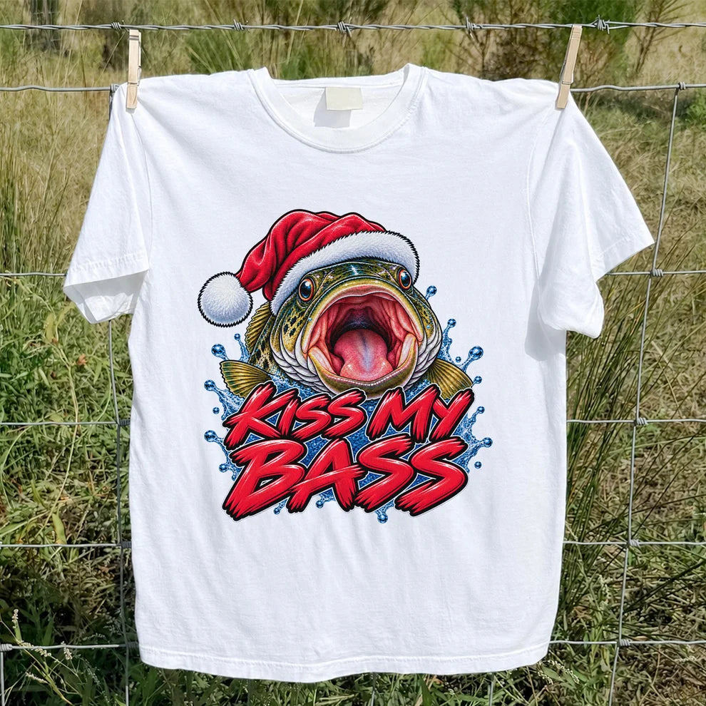Kiss My Bass Santa Hat Funny Christmas Fishing T-Shirt