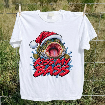 Kiss My Bass Santa Hat Funny Christmas Fishing T-Shirt