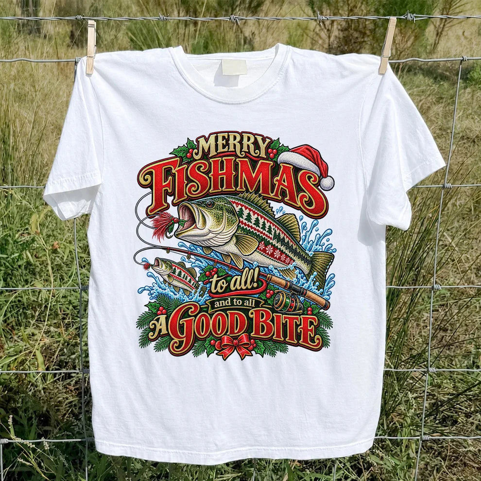 Merry Fishmas Christmas Sweater Pattern Bass Fishing T-Shirt