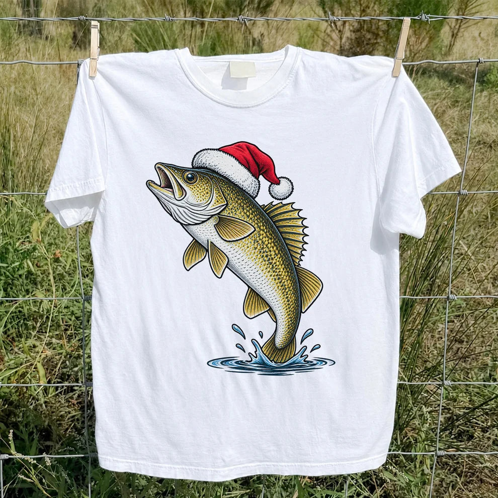 Santa Hat Walleye Christmas Fishing Graphic T-Shirt