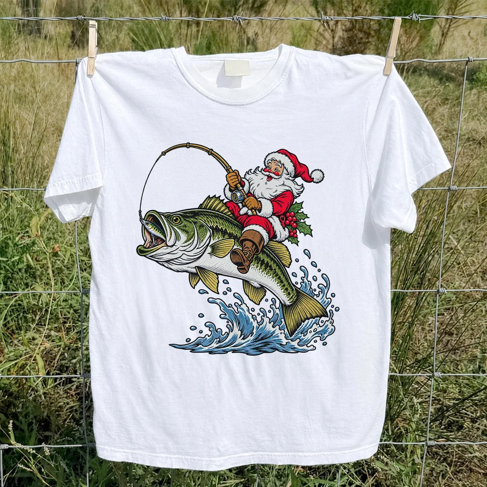 Santa Claus Riding a Bass Christmas Fishing Graphic T-Shirt