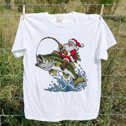 Santa Claus Riding a Bass Christmas Fishing Graphic T-Shirt