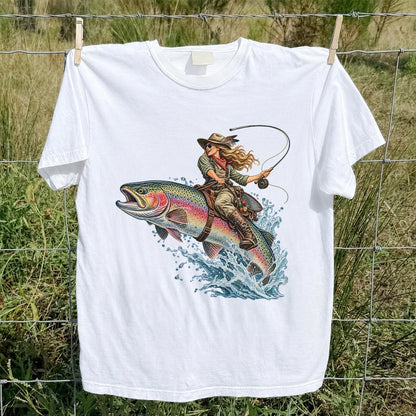 Cowgirl Riding a Rainbow Trout Fly Fishing Graphic T-Shirt