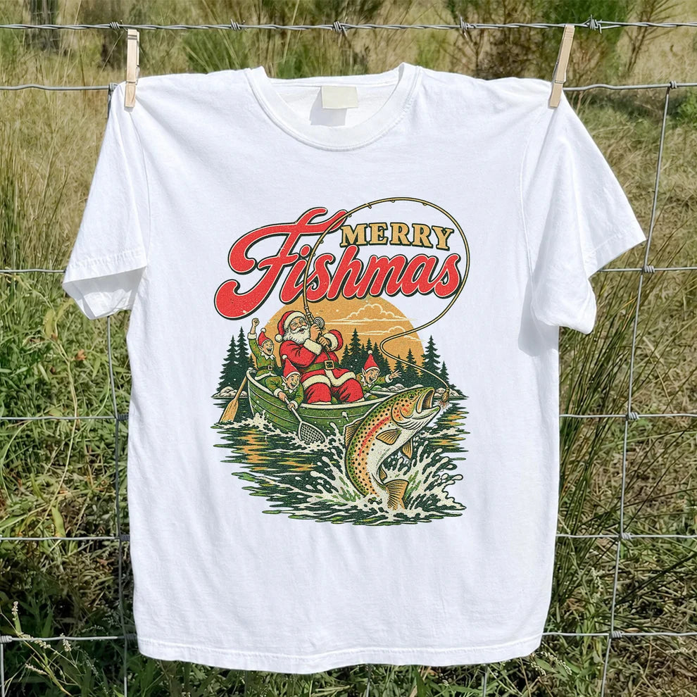 Merry Fishmas Santa and Elves Trout Fishing Christmas T-Shirt