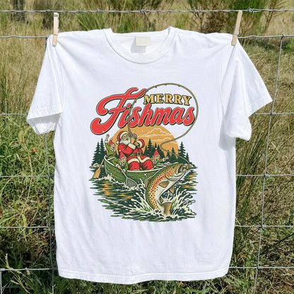 Merry Fishmas Santa and Elves Trout Fishing Christmas T-Shirt