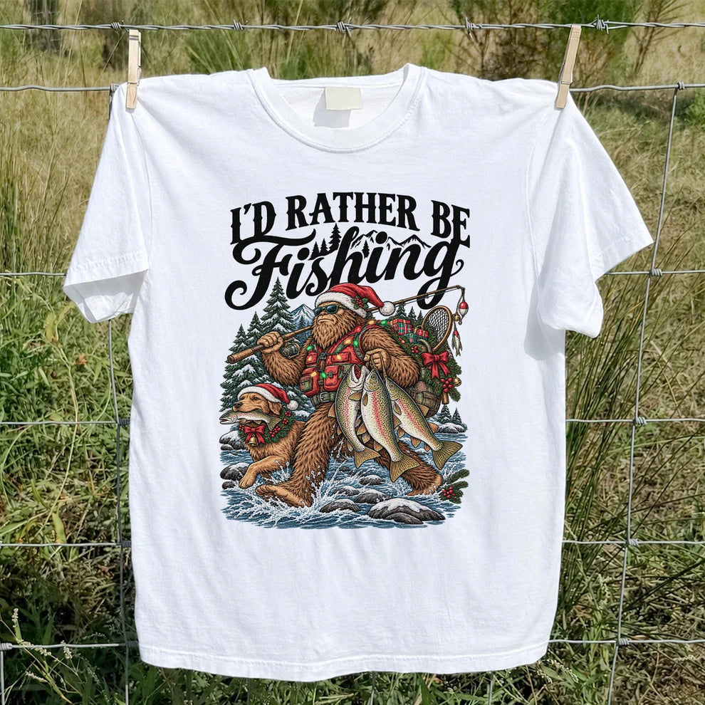 I'd Rather Be Fishing Bigfoot and Dog Christmas Fishing T-Shirt