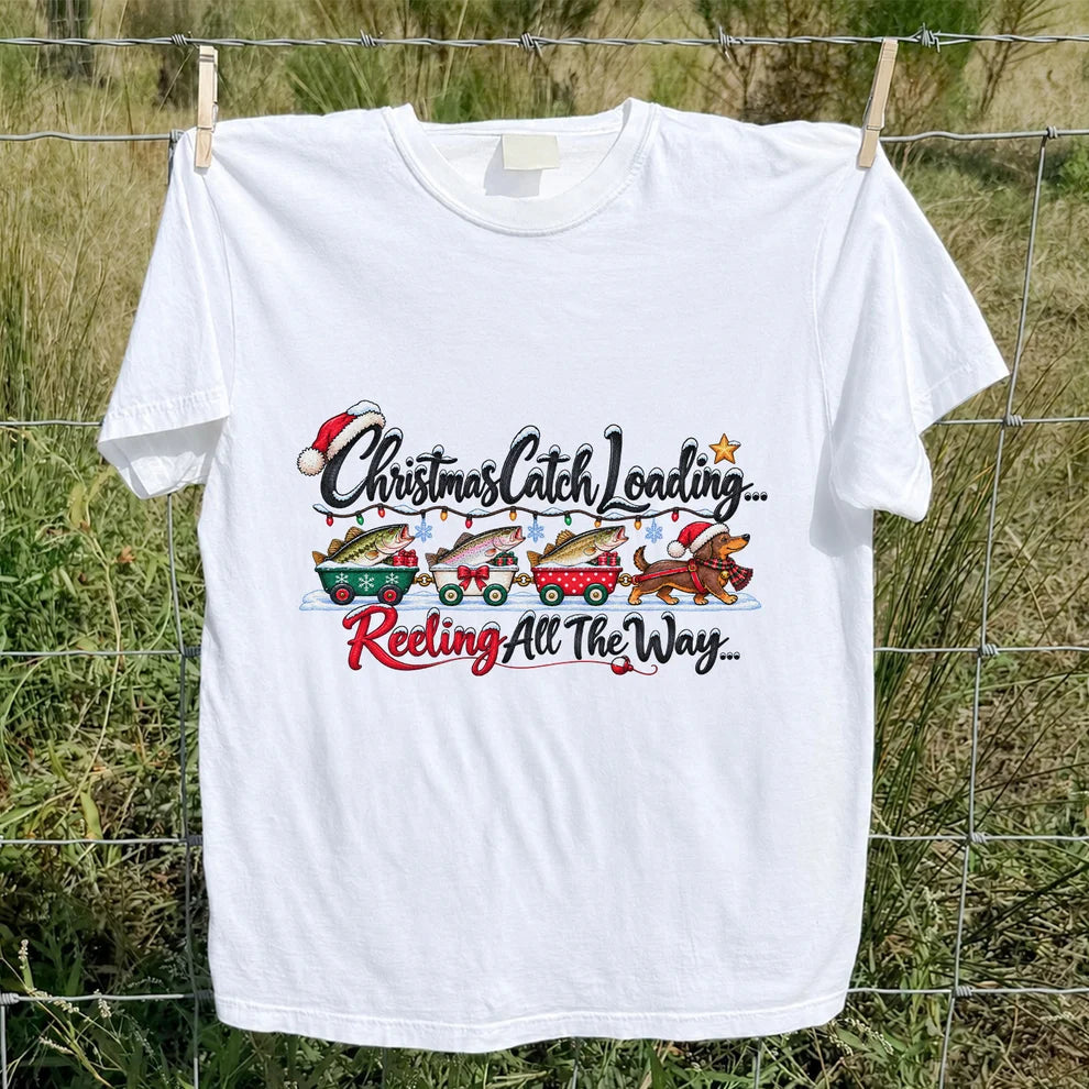 Christmas Fishing Train with Trout and Dog Graphic T-Shirt