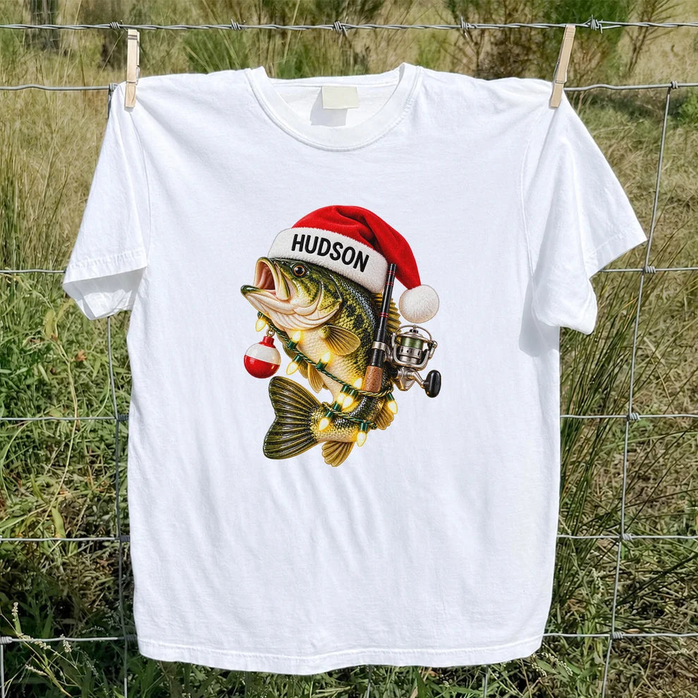 Hudson Santa Hat Bass Christmas Fishing Graphic T-Shirt
