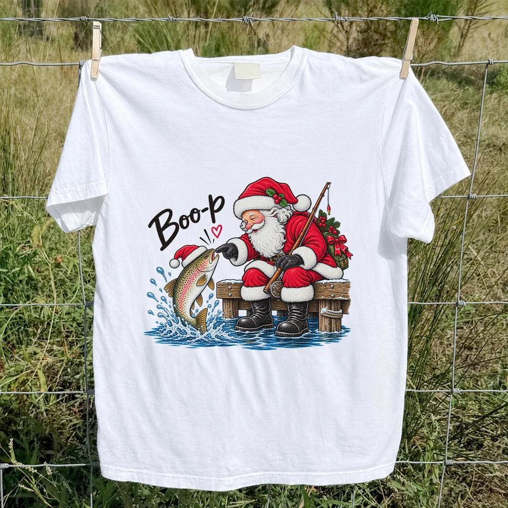 Santa Fishing for Rainbow Trout Christmas Graphic T-Shirt