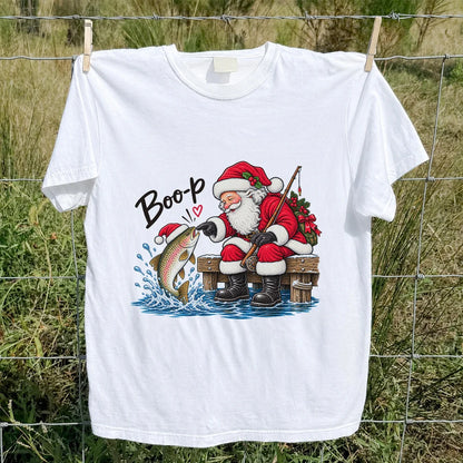 Santa Fishing for Rainbow Trout Christmas Graphic T-Shirt
