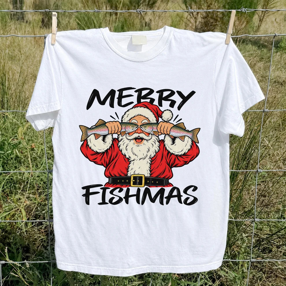 Merry Fishmas Santa Holding Rainbow Trout Christmas Fishing T-Shirt