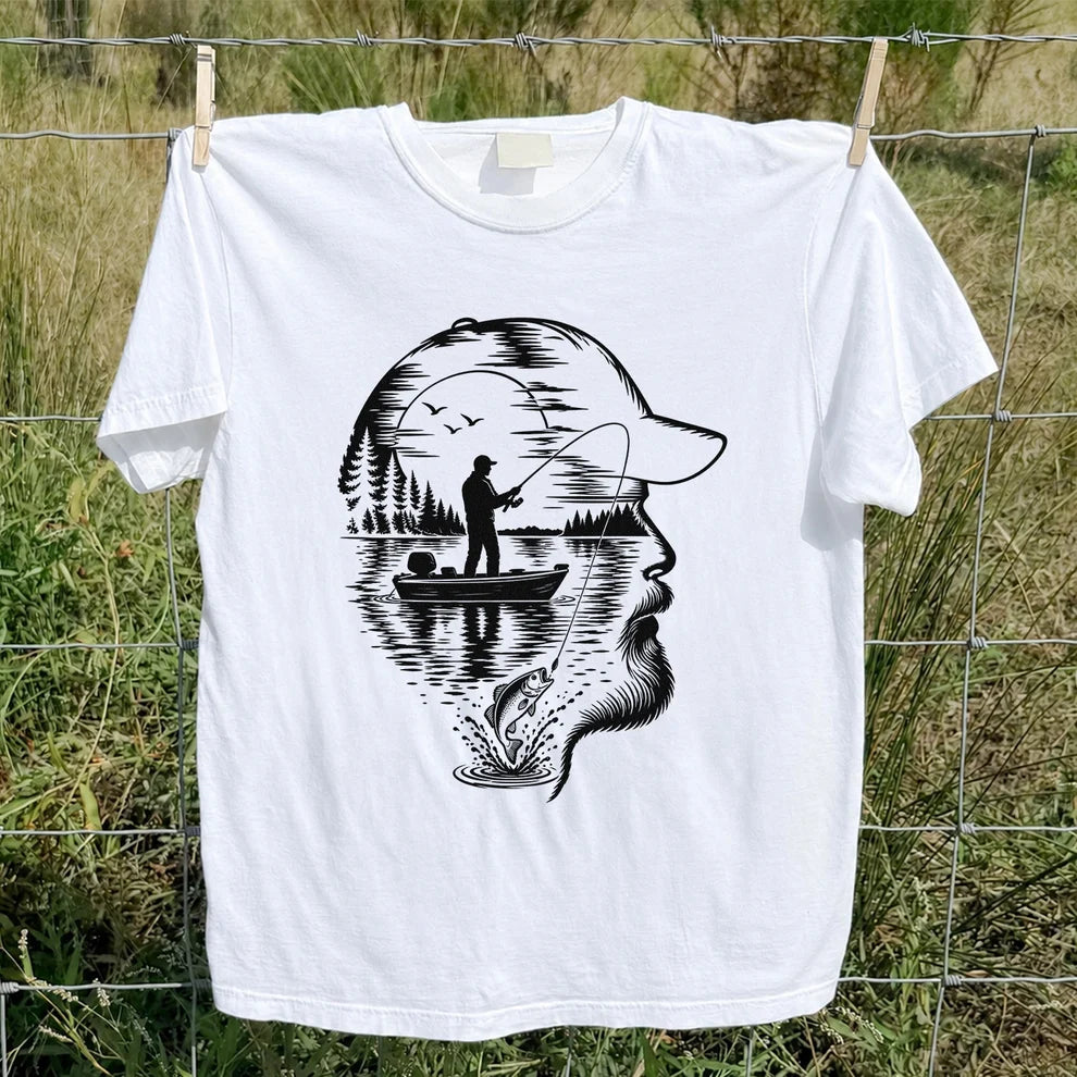 Bearded Angler Silhouette with Lake Fishing Scene Graphic T-Shirt