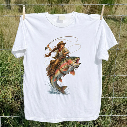 Western Cowgirl Riding a Rainbow Trout Fly Fishing Graphic T-Shirt