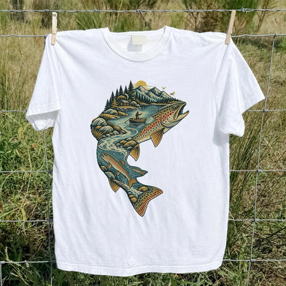 Vintage Brown Trout Mountain River Fly Fishing Graphic T-Shirt